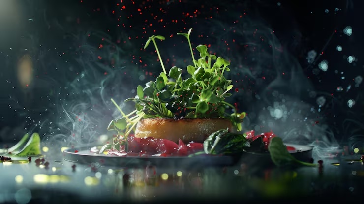 Dramatic food photography with smoke and lighting representing content day production sessions