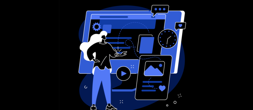 Social media strategy dark theme illustration representing graphic design for digital platforms
