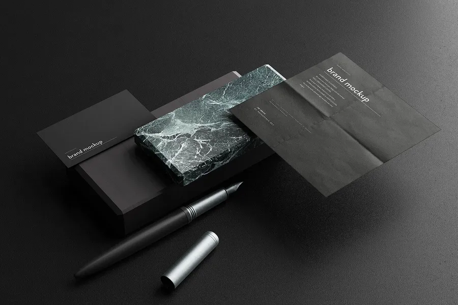 Brand identity project placeholder - dark premium stationery mockup