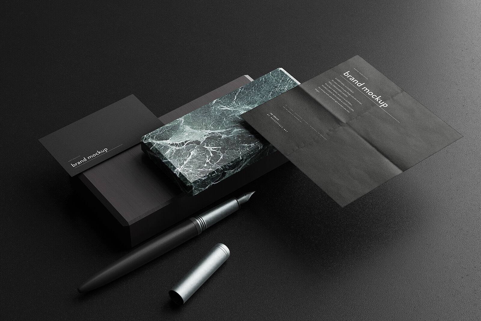Dark premium corporate stationery mockup representing MADE brand package