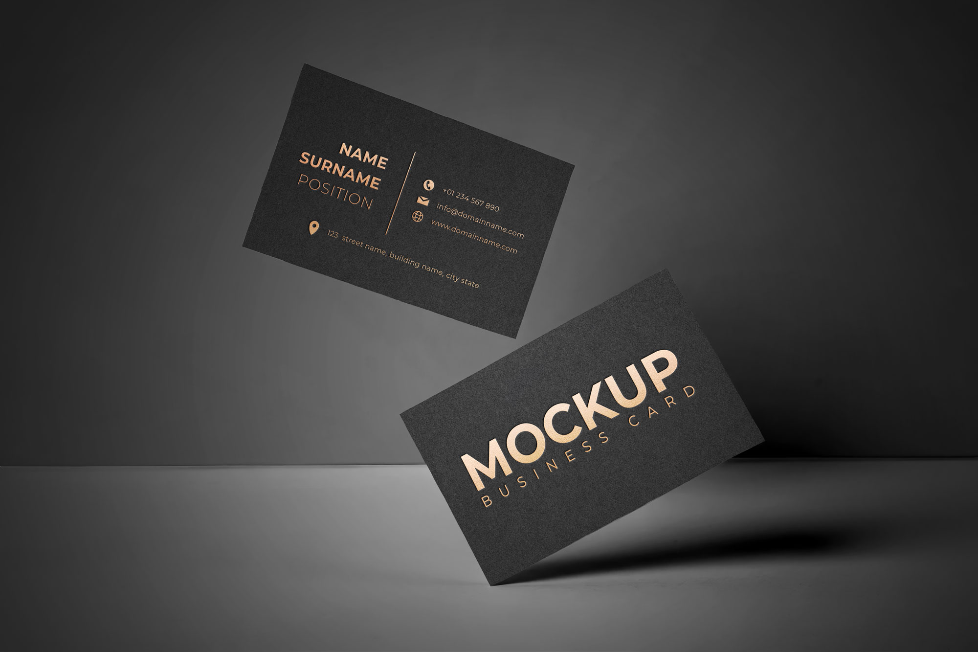 Print project placeholder - black elegant business card on silver foil