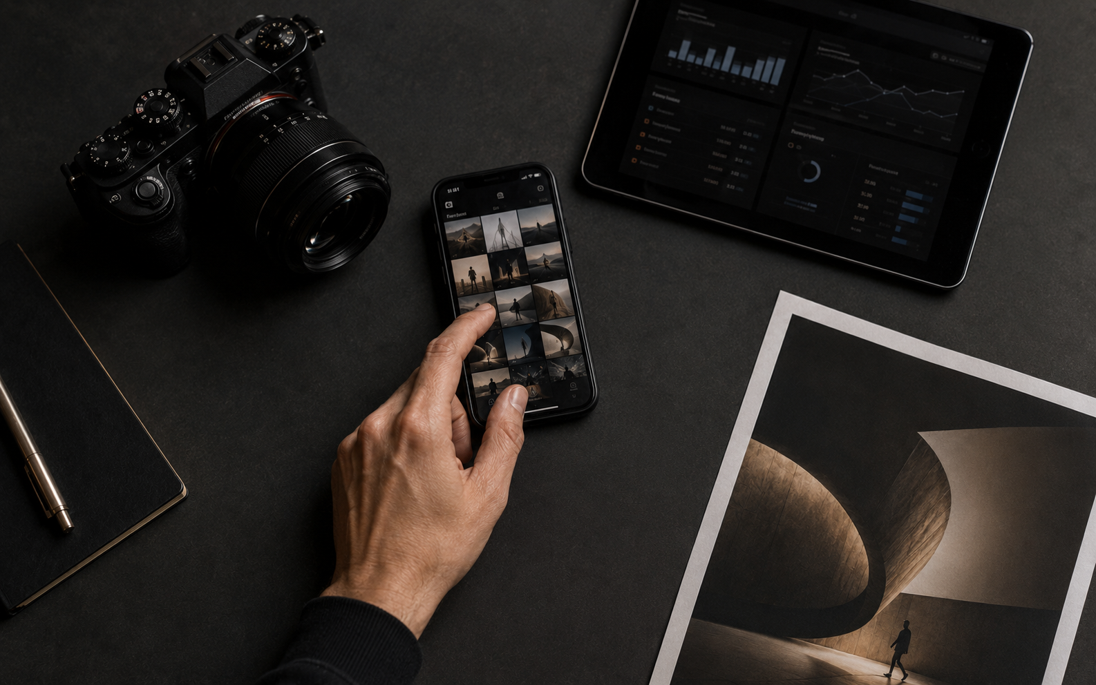 Professional camera equipment flat lay on dark background representing STAY SEEN ongoing support